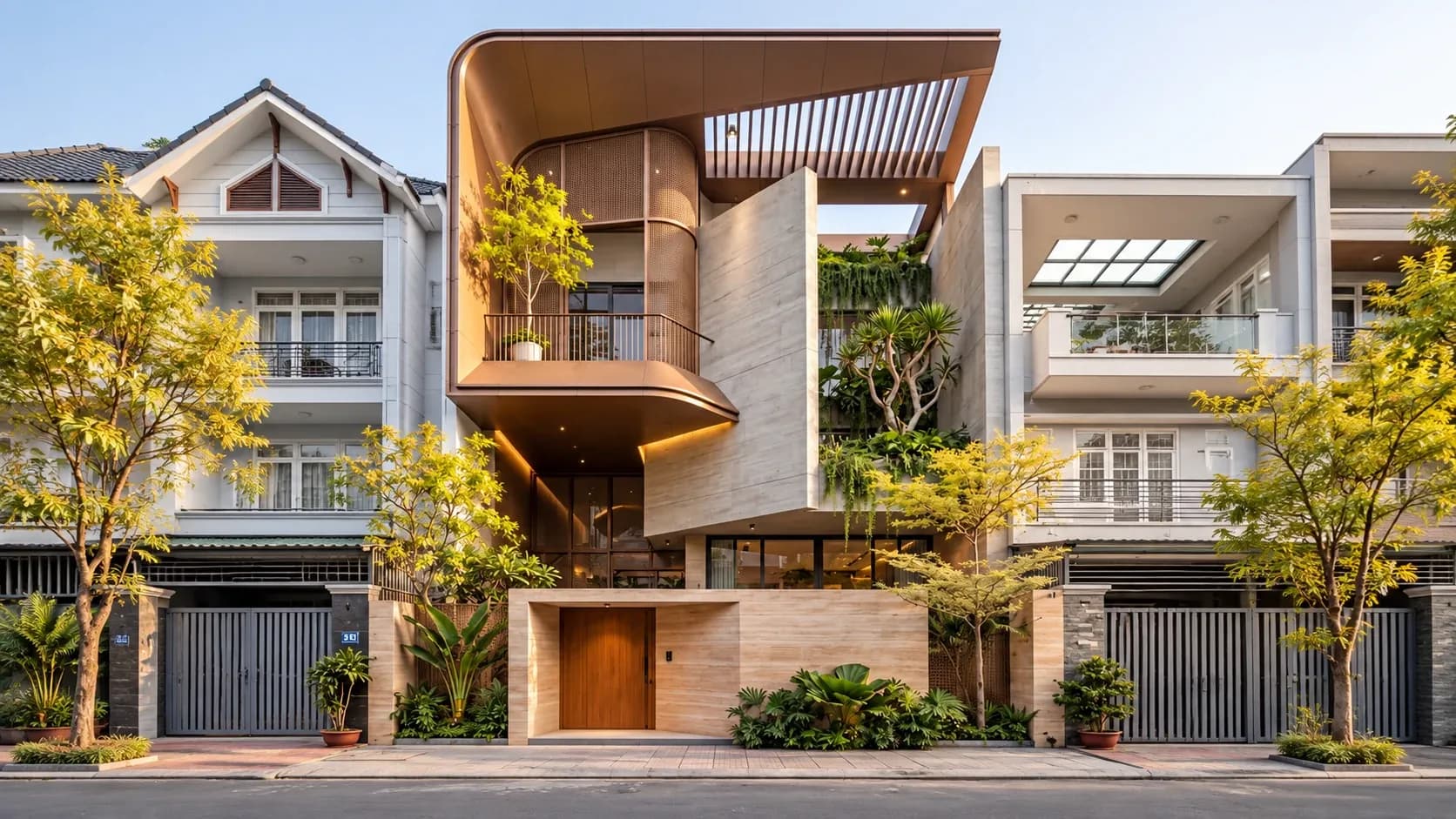 Rumah modern tiga lantai dengan balkon kayu melengkung dan fasad batu